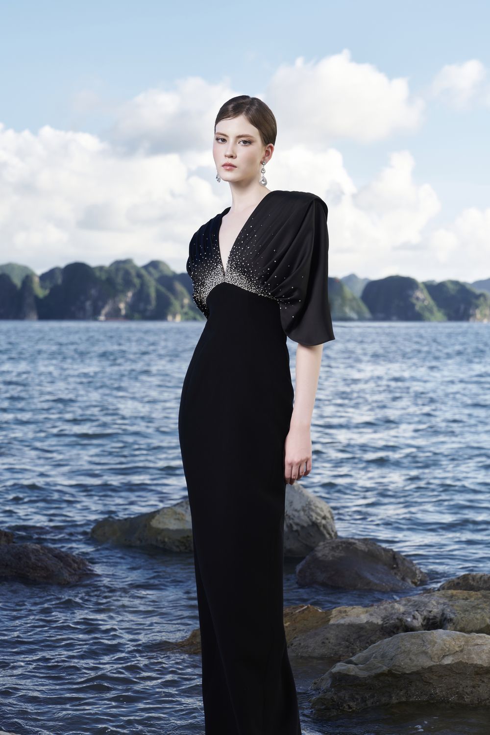 Flared Sleeves Deep V-Neck Dress