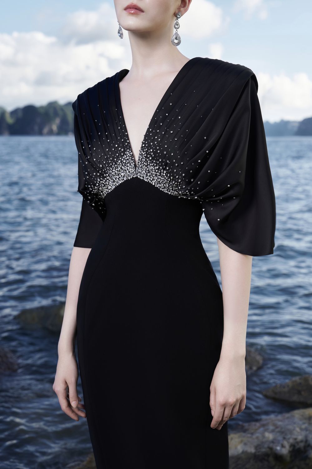 Flared Sleeves Deep V-Neck Dress