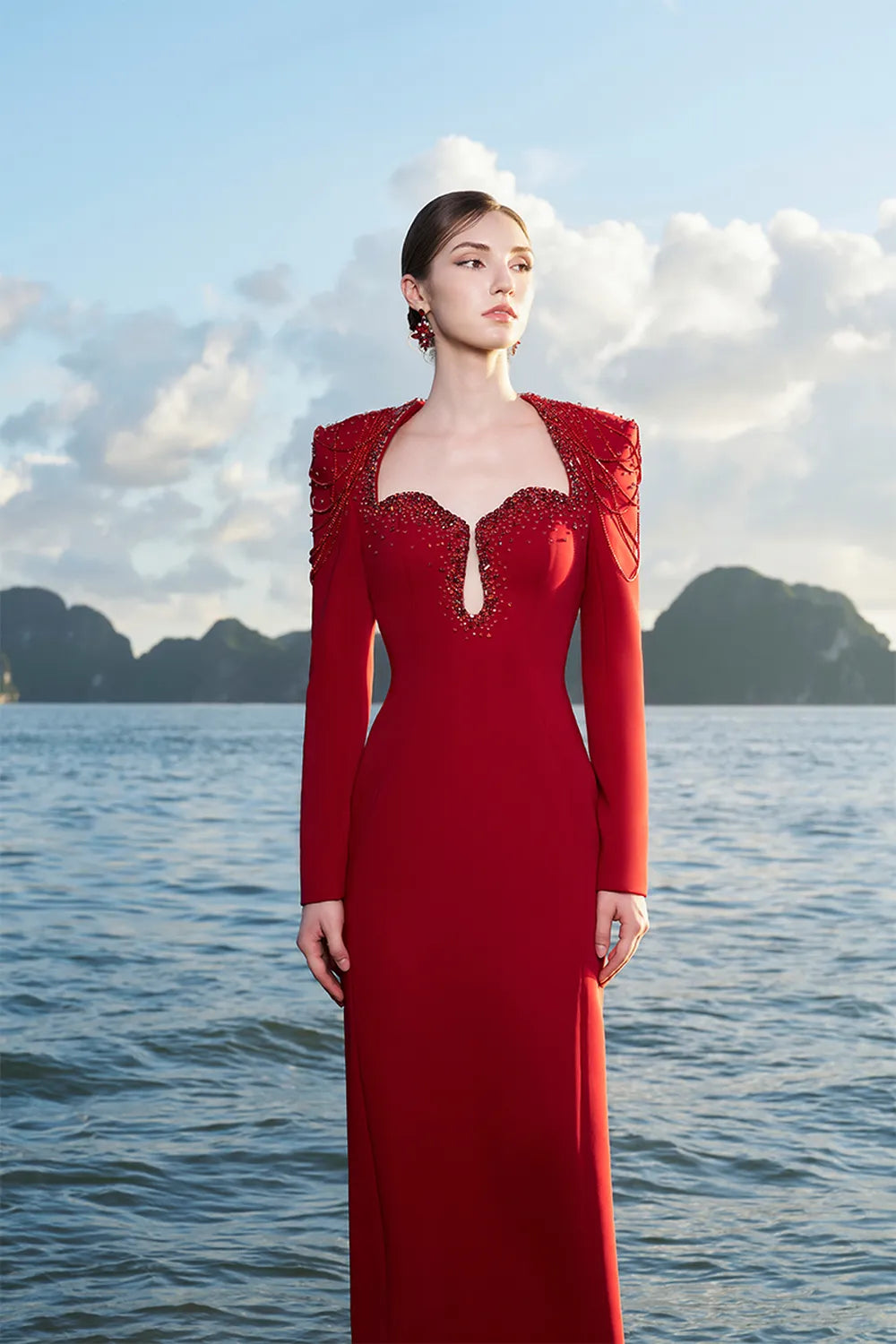 Tear Drop Chest Long Sleeves Straight Dress