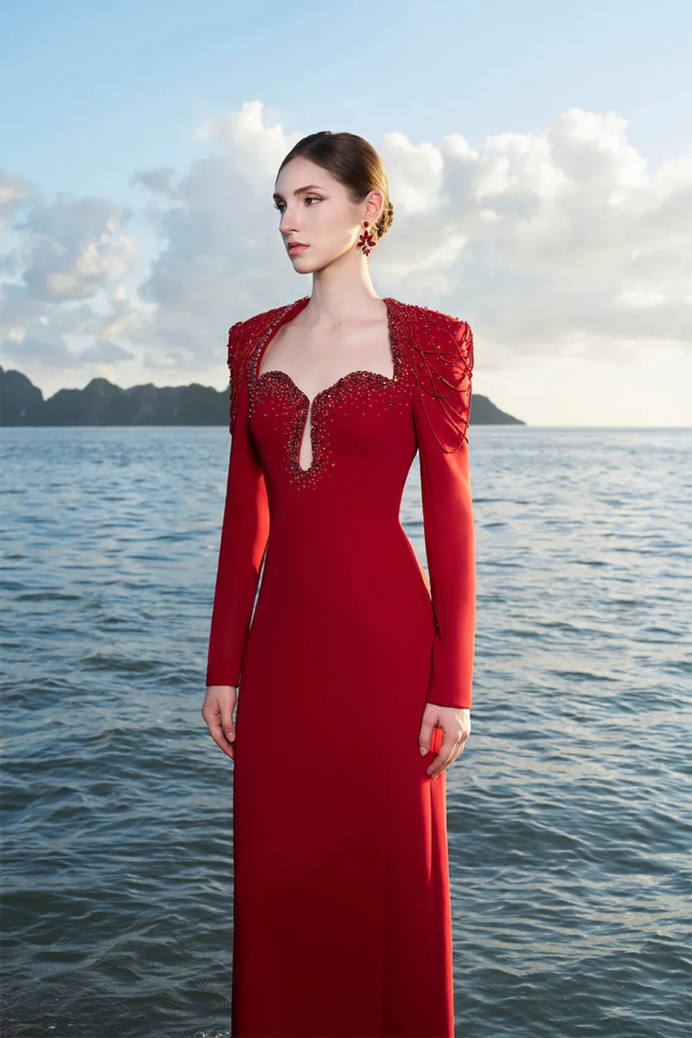 Tear Drop Chest Long Sleeves Straight Dress