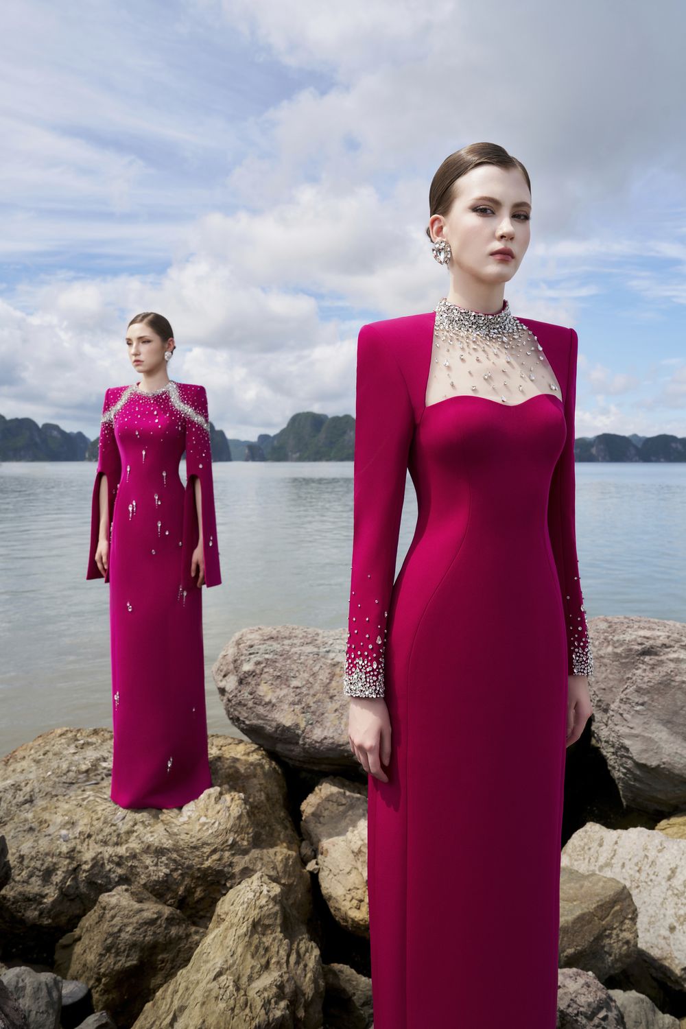 Flared Sleeves Crystal Embellished Dress