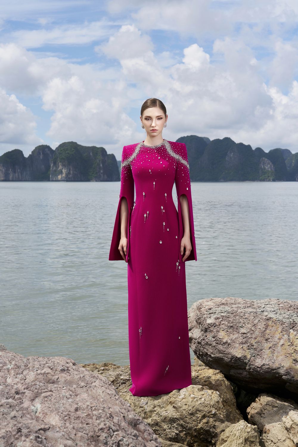 Flared Sleeves Crystal Embellished Dress