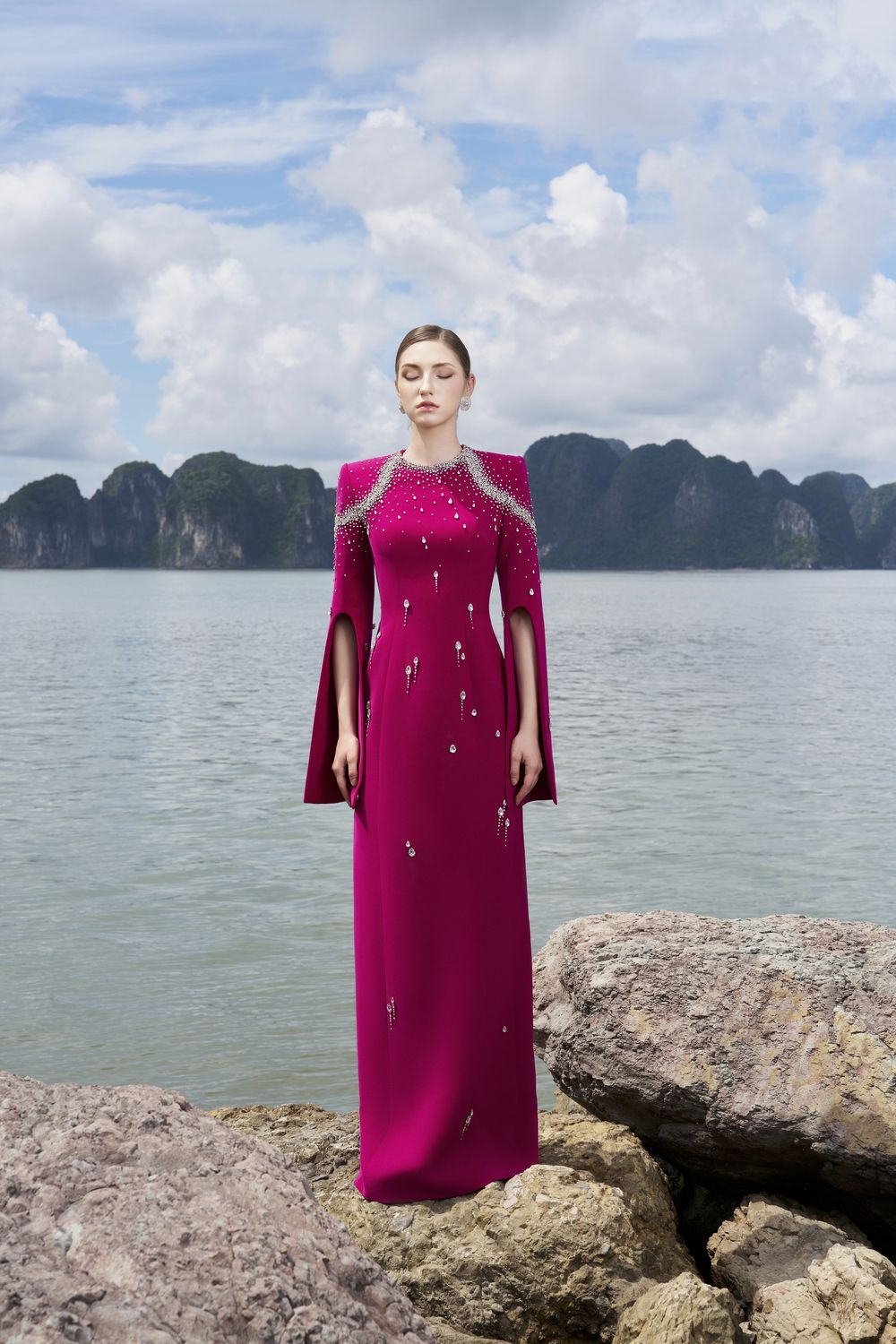 Flared Sleeves Crystal Embellished Dress