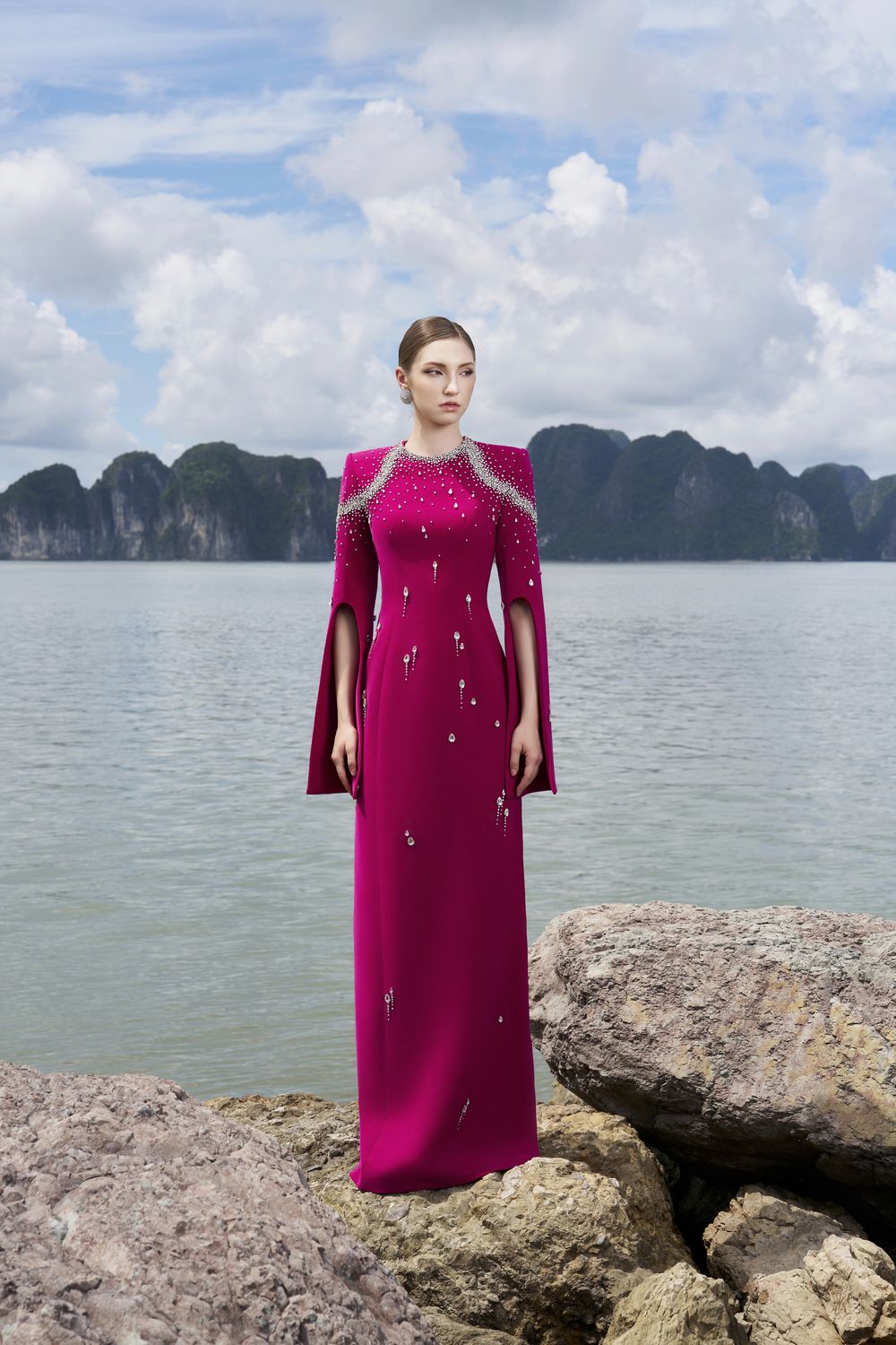 Flared Sleeves Crystal Embellished Dress