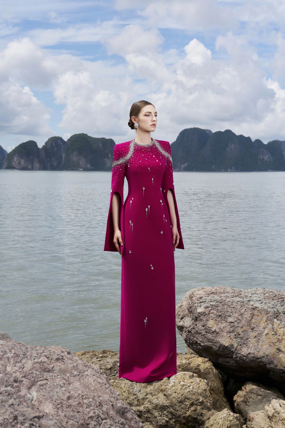 Flared Sleeves Crystal Embellished Dress