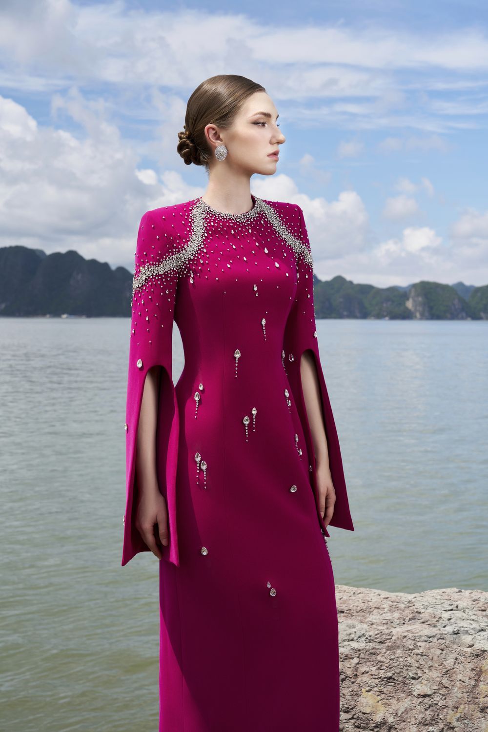 Flared Sleeves Crystal Embellished Dress