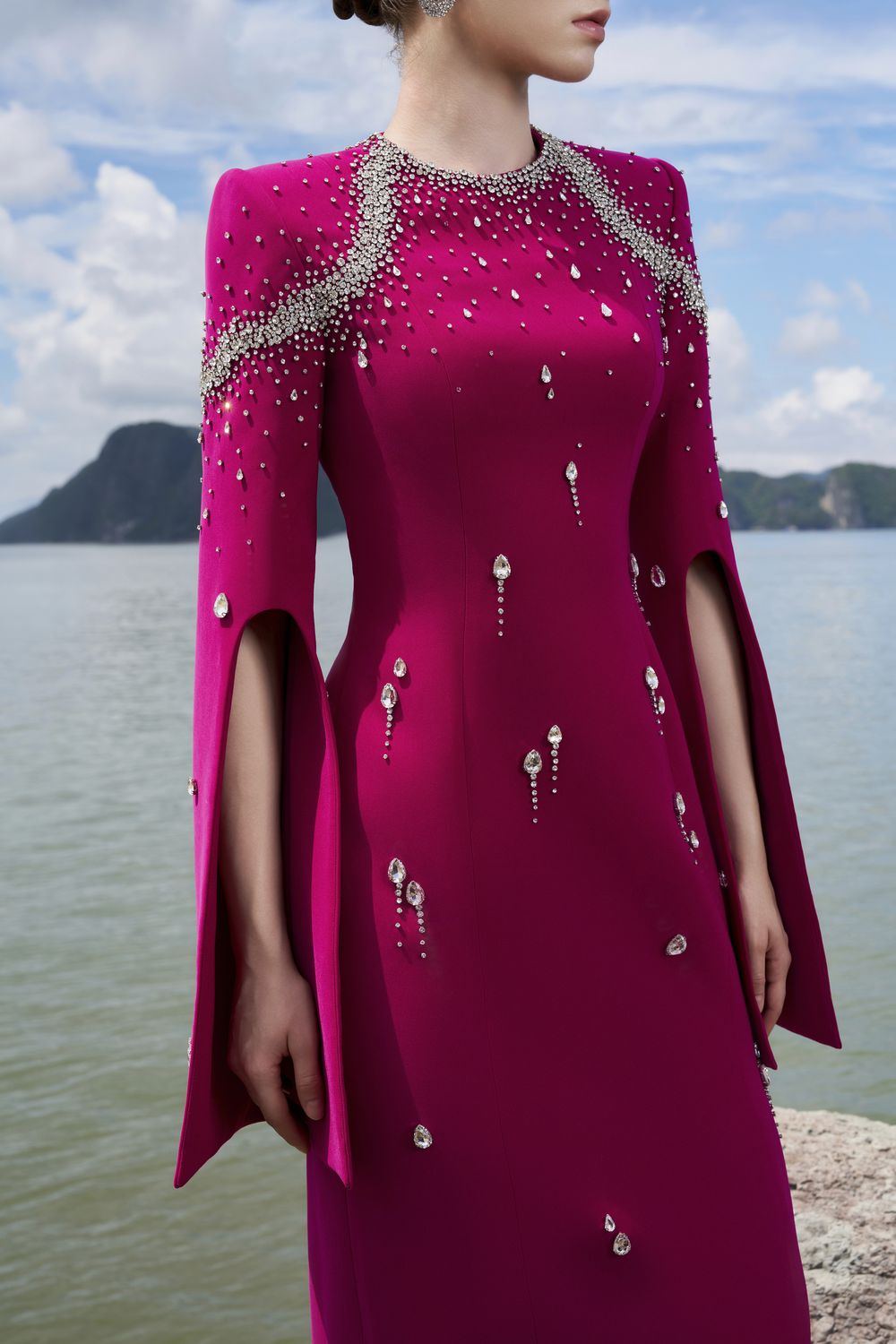 Flared Sleeves Crystal Embellished Dress