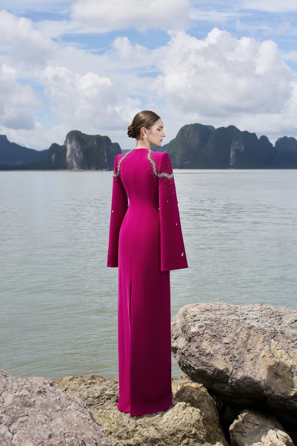 Flared Sleeves Crystal Embellished Dress