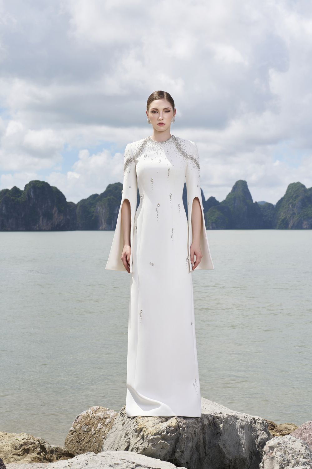 Flared Sleeves Crystal Embellished Dress