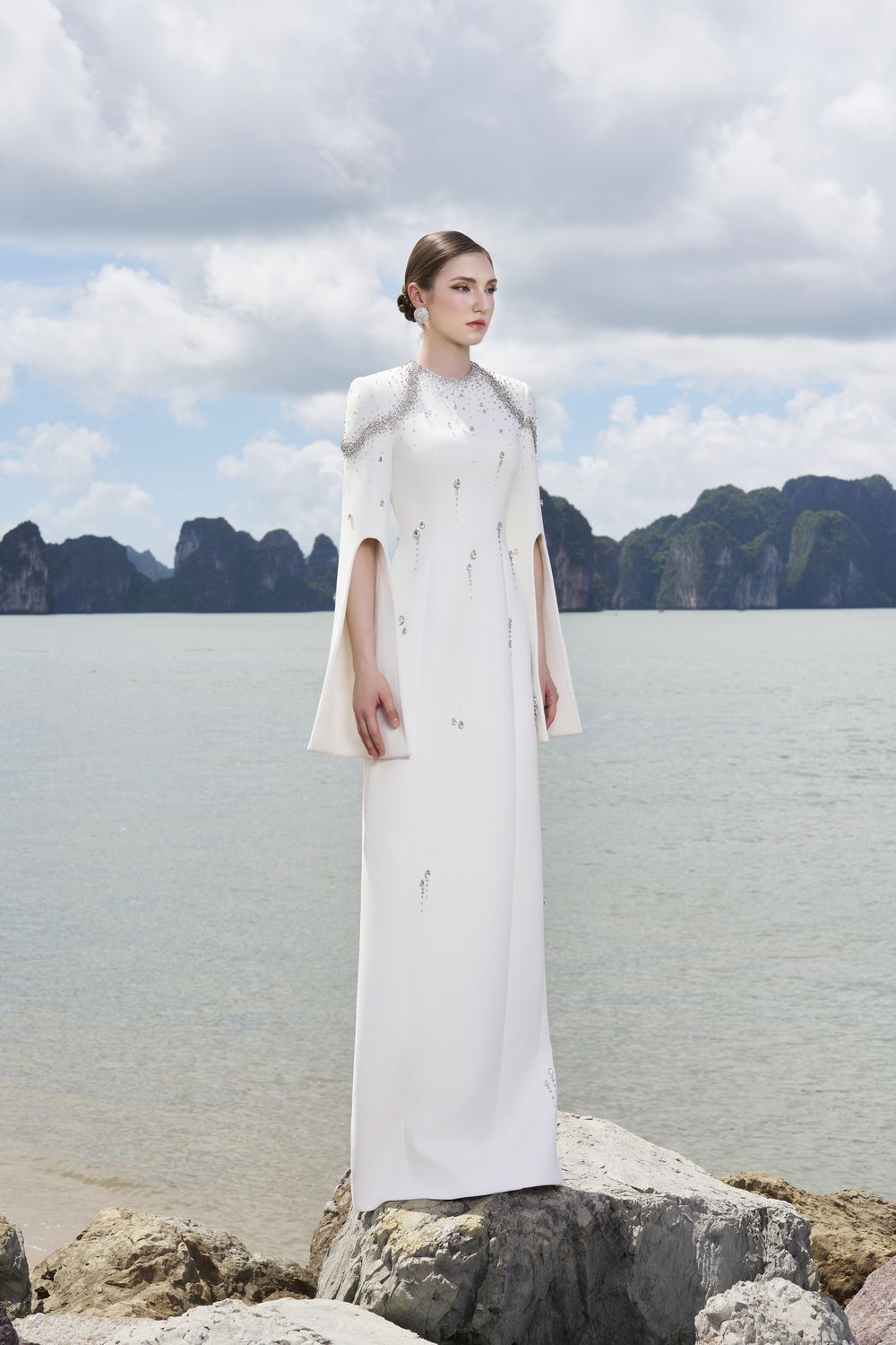 Flared Sleeves Crystal Embellished Dress