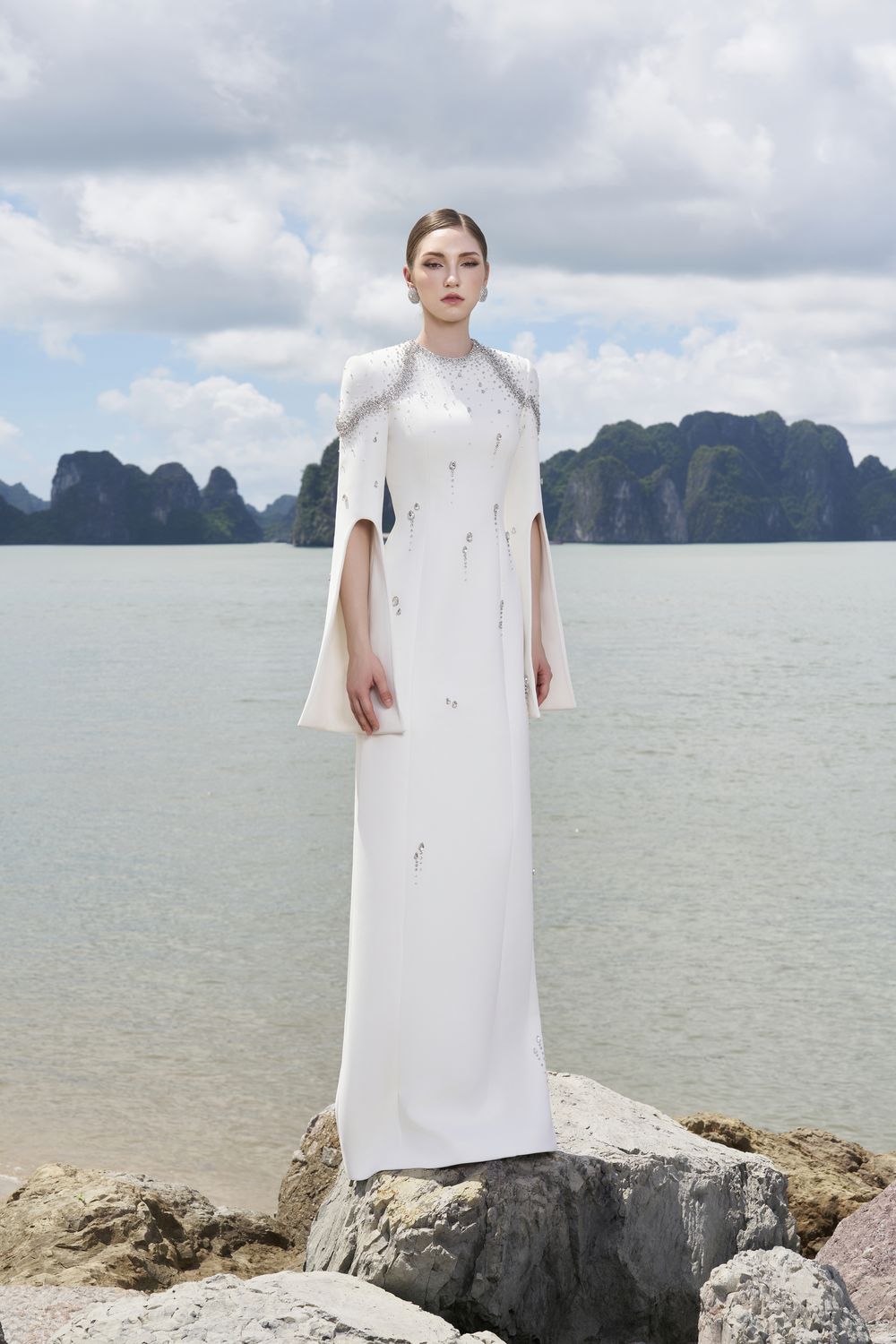 Flared Sleeves Crystal Embellished Dress