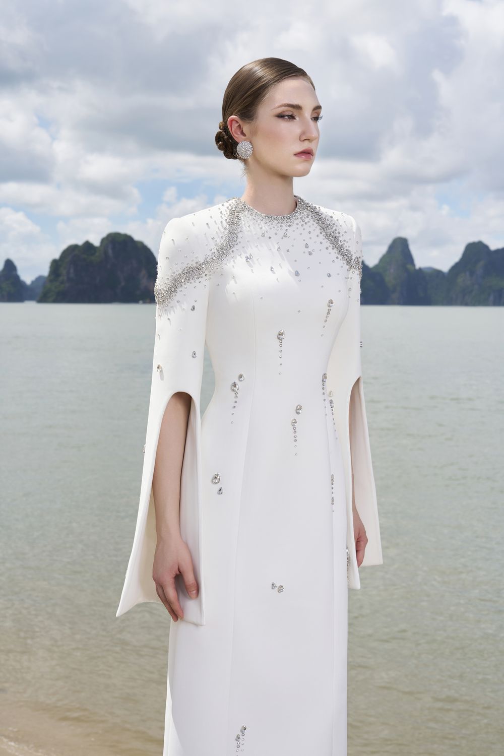 Flared Sleeves Crystal Embellished Dress