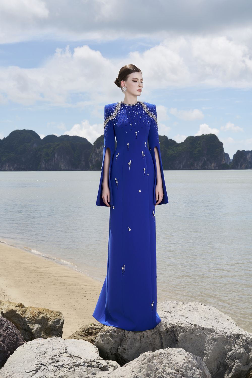 Flared Sleeves Crystal Embellished Dress