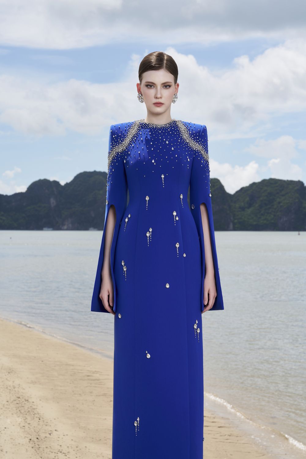 Flared Sleeves Crystal Embellished Dress