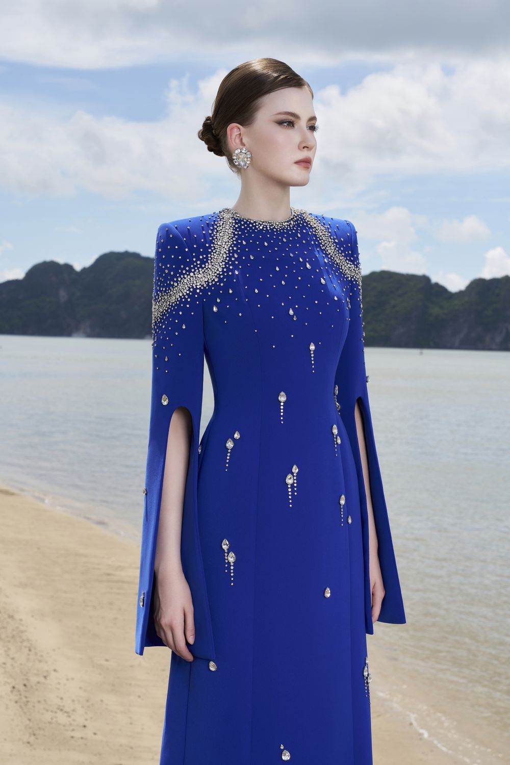 Flared Sleeves Crystal Embellished Dress