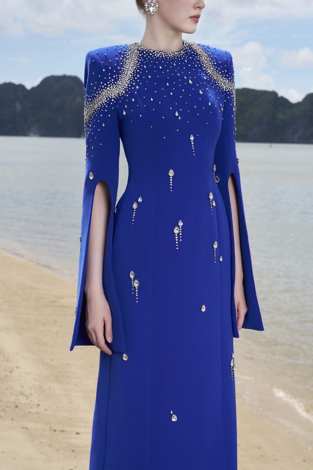 Flared Sleeves Crystal Embellished Dress