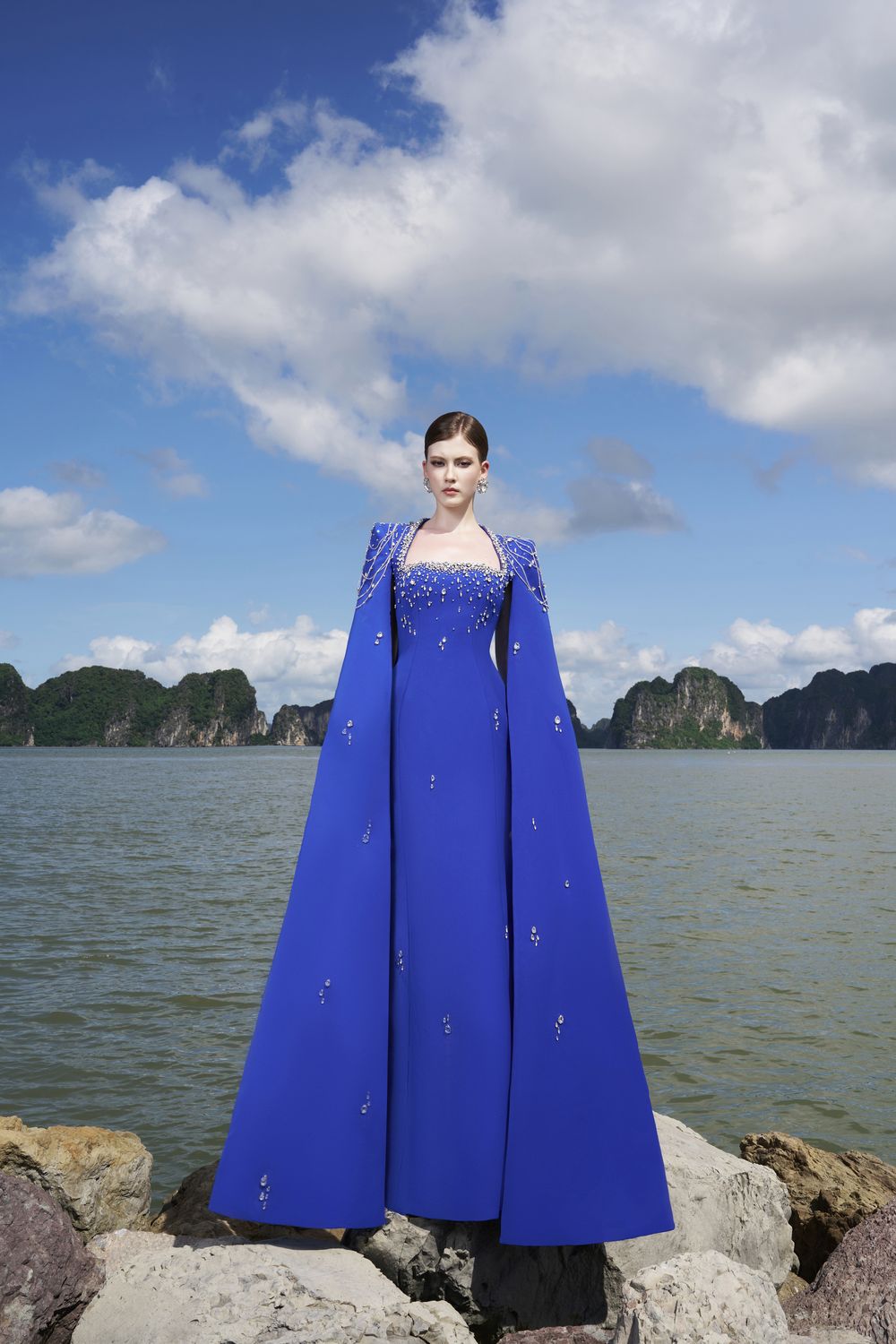 Long Cape Sleeves Glow Stone Dress