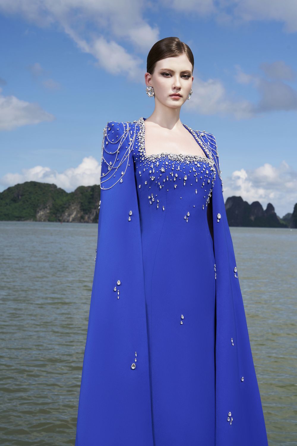 Long Cape Sleeves Glow Stone Dress