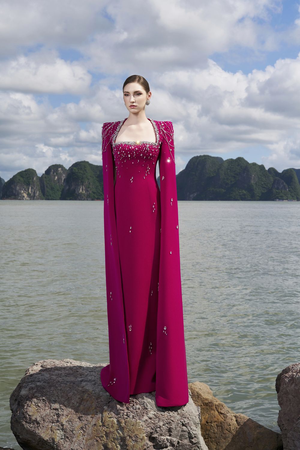 Long Cape Sleeves Floor Length Dress
