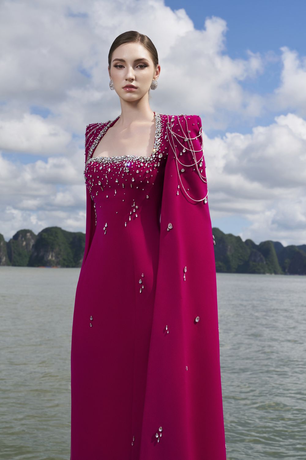 Long Cape Sleeves Floor Length Dress