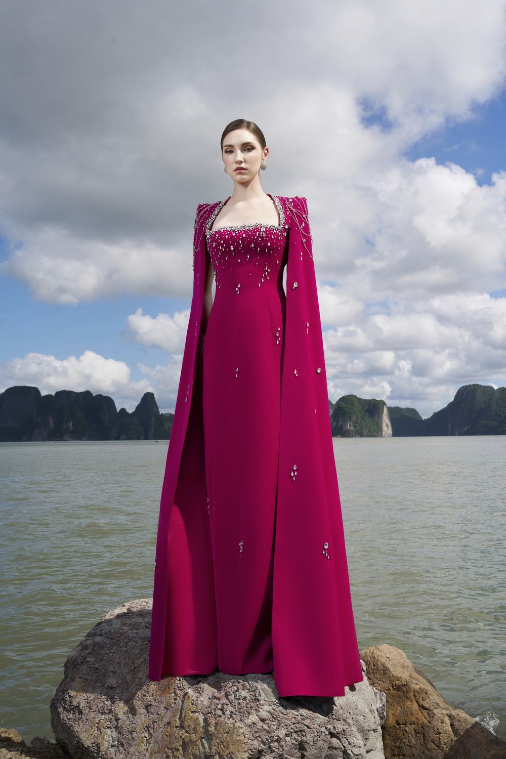 Long Cape Sleeves Floor Length Dress
