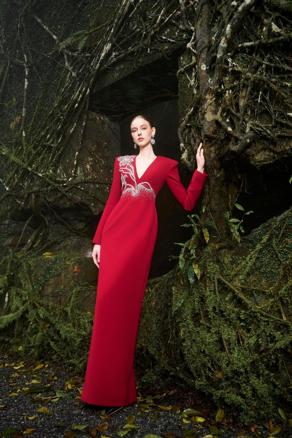 Deep V-Neck Orchid Crystal-Embellished Dress