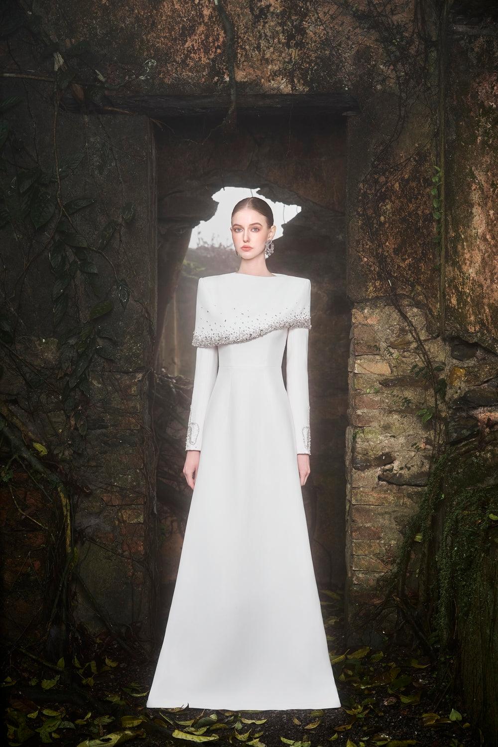 Diagonal Crystal-Embellished Shoulder A-Line Dress M / White Diagonal Crystal-Embellished Shoulder A-Line Dress M / White