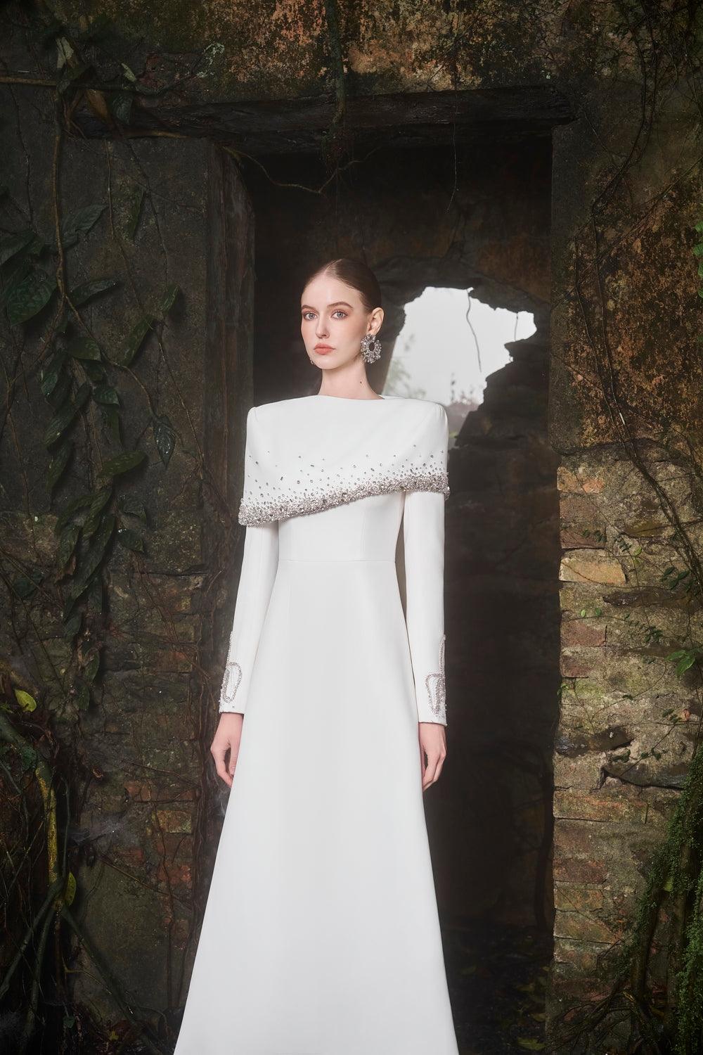 Diagonal Crystal-Embellished Shoulder A-Line Dress