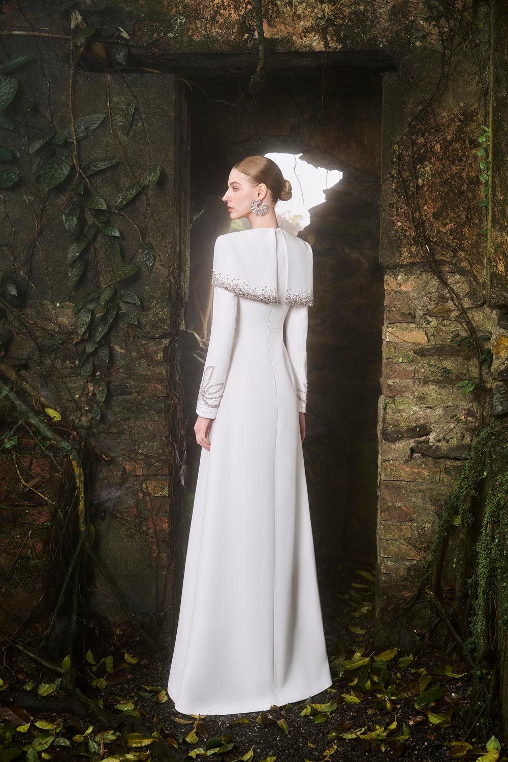 Diagonal Crystal-Embellished Shoulder A-Line Dress