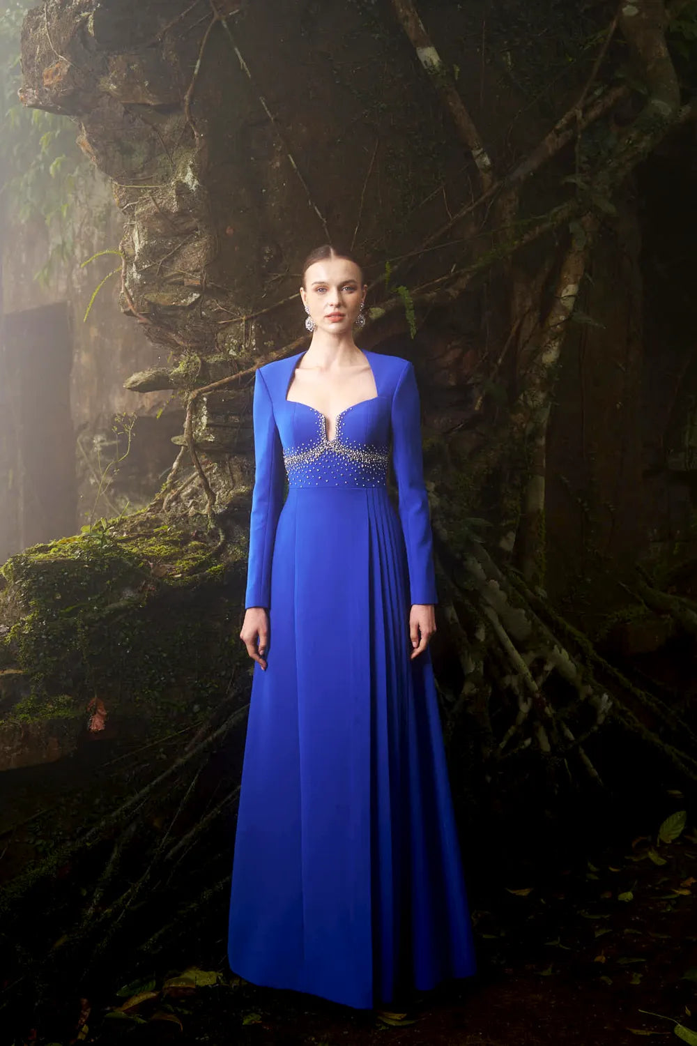 Sleeveless Round Neck Dress With Back Floral Crystal Embellished Long Cape Set