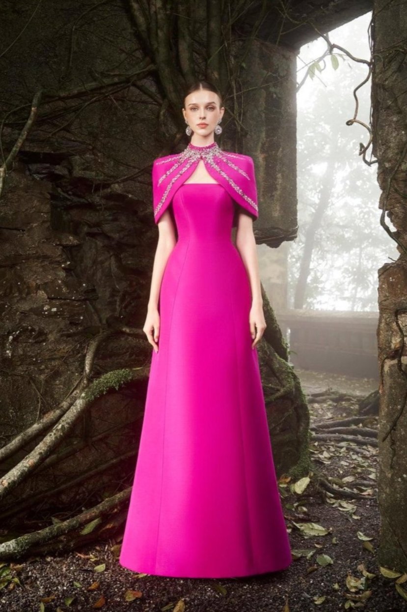 Straight Across A-line Dress With High Neck Crystal-Embellished Short Cape Set S / HotPink Straight Across A-line Dress With High Neck Crystal-Embellished Short Cape Set S / HotPink