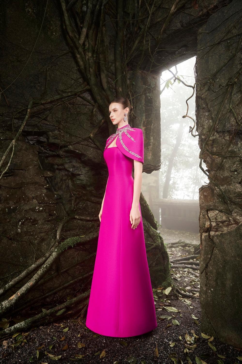 Straight Across A-line Dress With High Neck Crystal-Embellished Short Cape Set S / HotPink Straight Across A-line Dress With High Neck Crystal-Embellished Short Cape Set S / HotPink