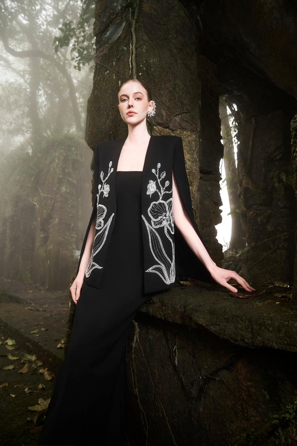 Crystal Embellished A-line Cape With Straight Strapless Basic Dress Set