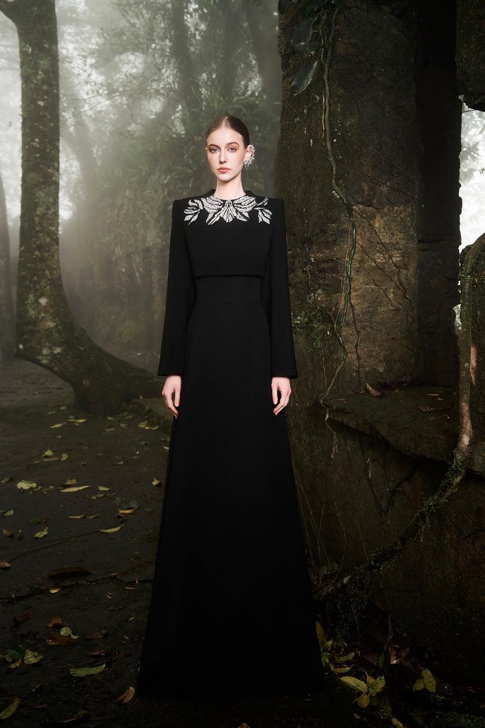 Long Flared Sleeve Crystal-Embellished Cropped Top With Basic Strapless A-line Flared Dress Set