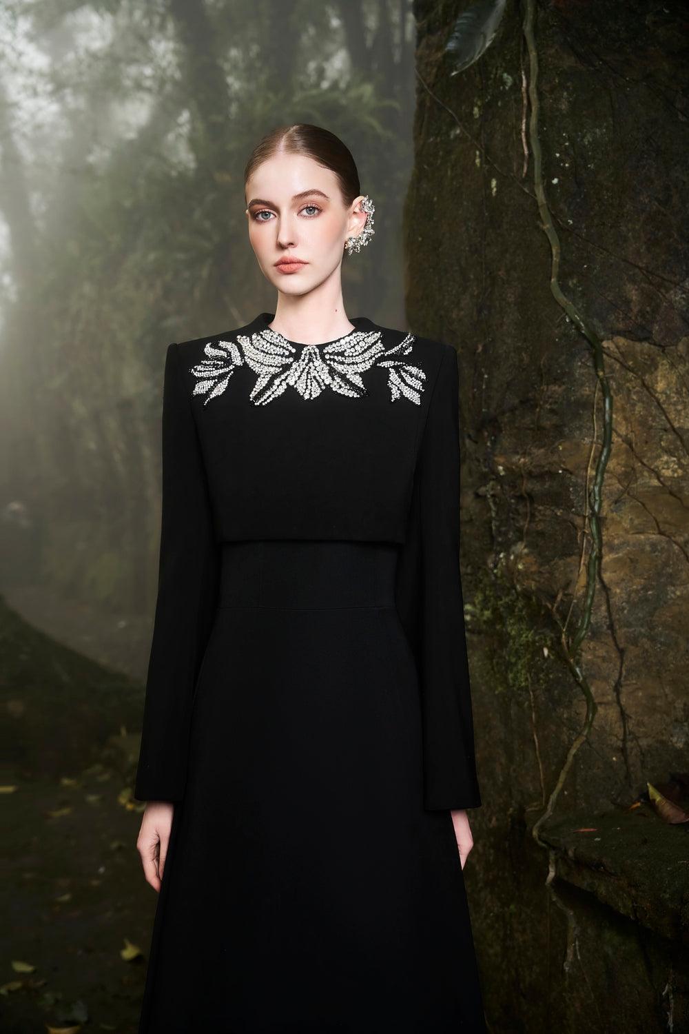 Long Flared Sleeve Crystal-Embellished Cropped Top With Basic Strapless A-line Flared Dress Set