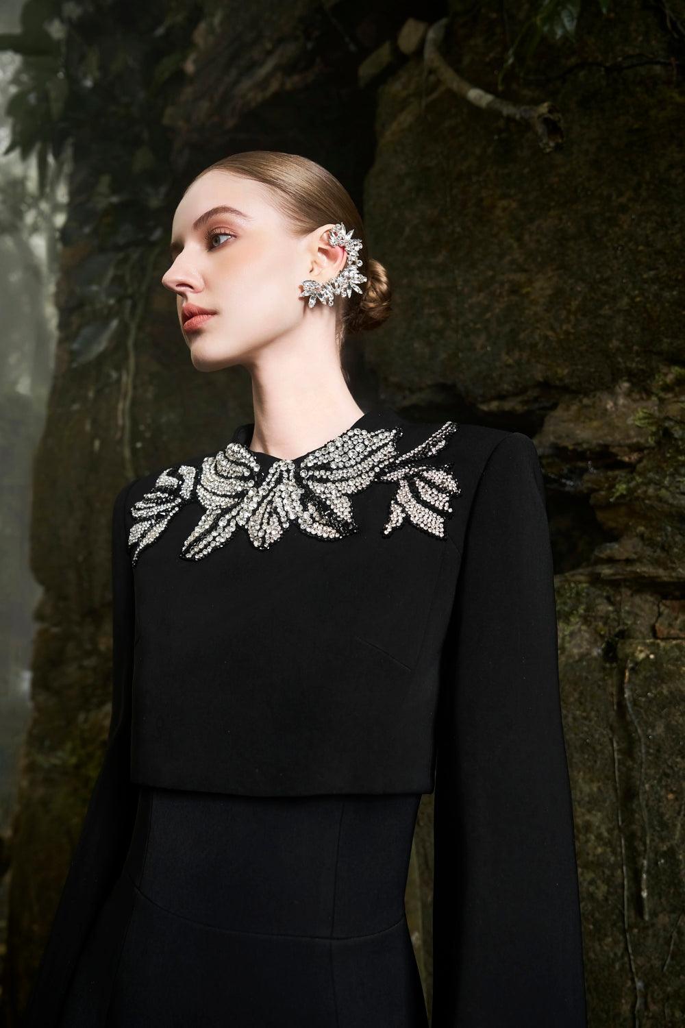 Long Flared Sleeve Crystal-Embellished Cropped Top With Basic Strapless A-line Flared Dress Set