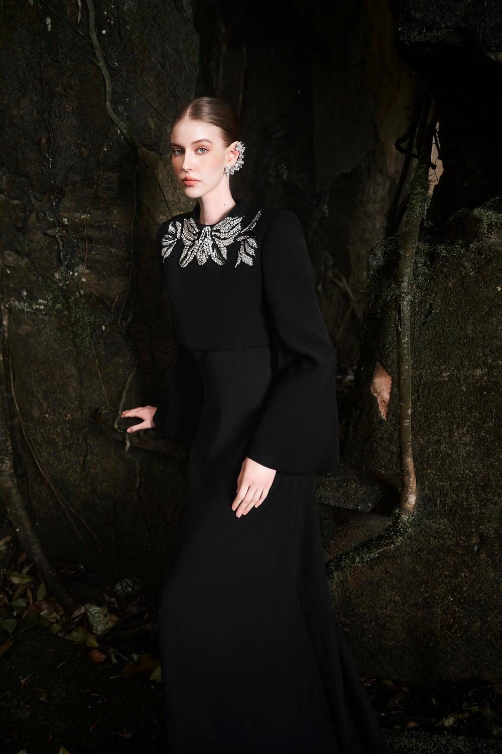 Long Flared Sleeve Crystal-Embellished Cropped Top With Basic Strapless A-line Flared Dress Set