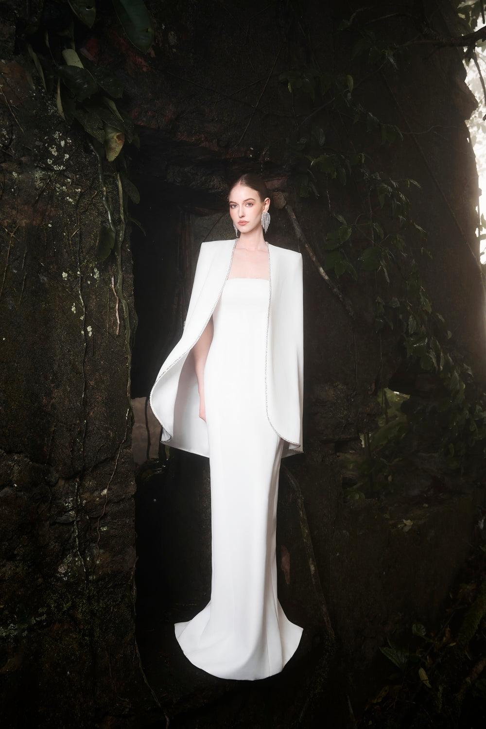 Strapless Mermaid Dress With Orchid Embellished Curved Hemline Cape Set