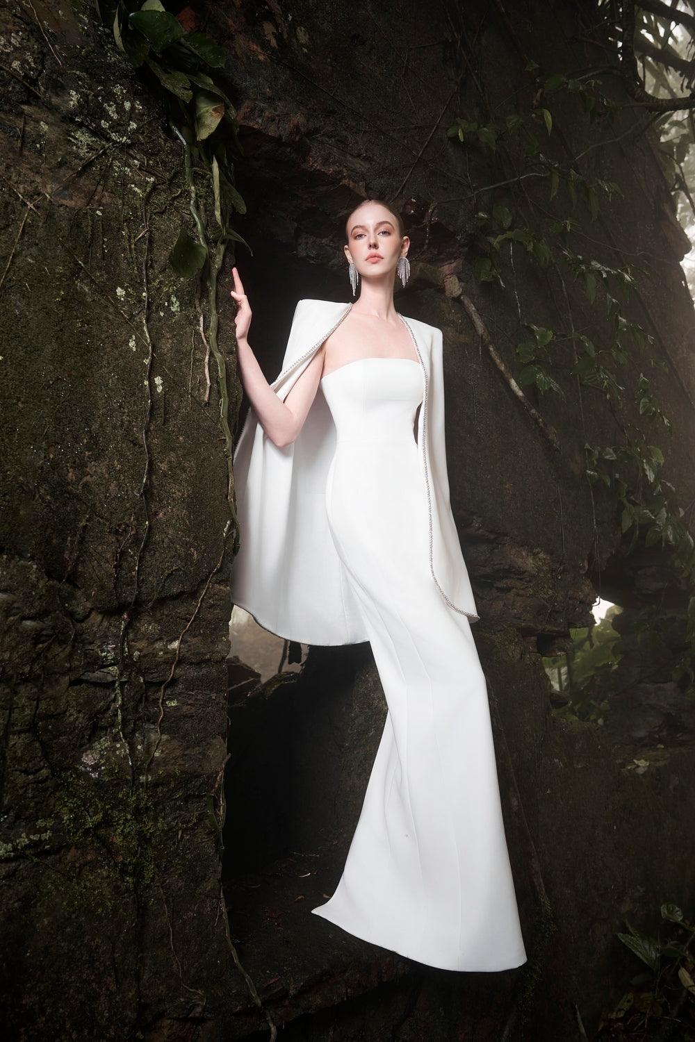 Strapless Mermaid Dress With Orchid Embellished Curved Hemline Cape Set