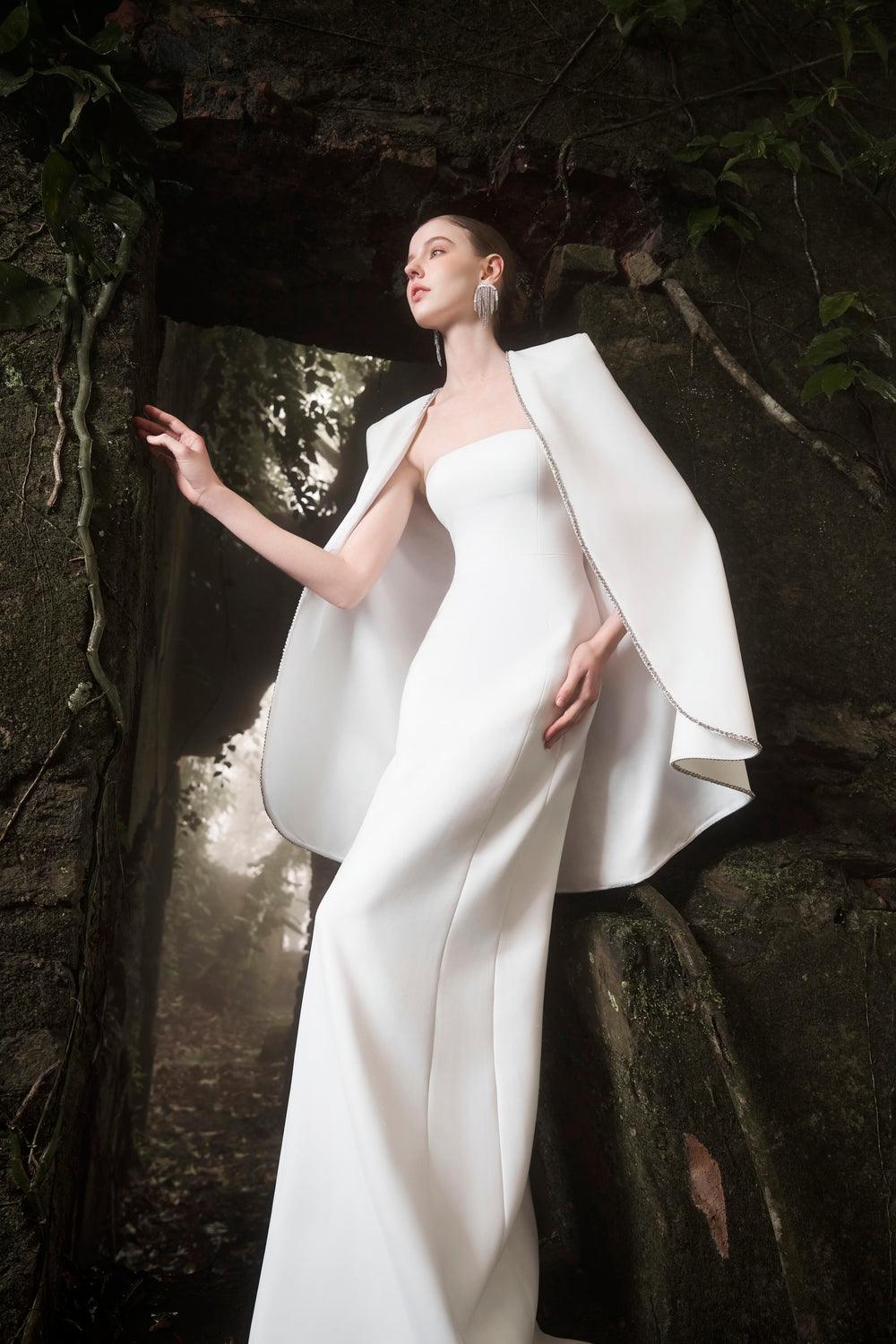 Strapless Mermaid Dress With Orchid Embellished Curved Hemline Cape Set