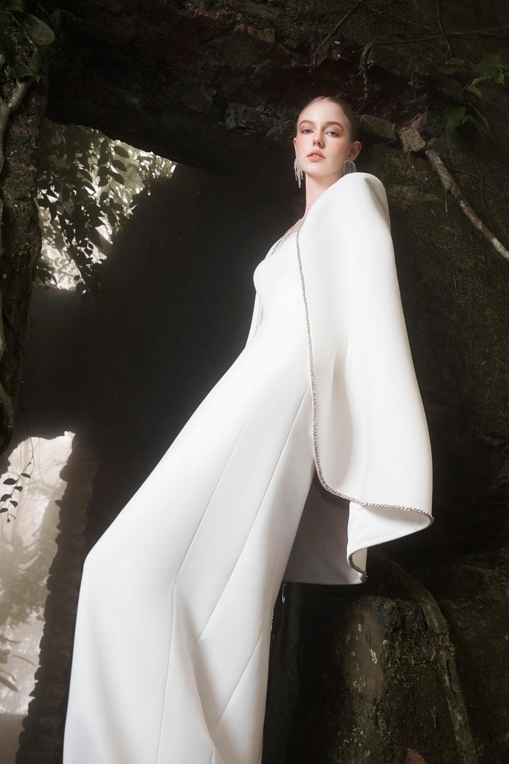 Strapless Mermaid Dress With Orchid Embellished Curved Hemline Cape Set