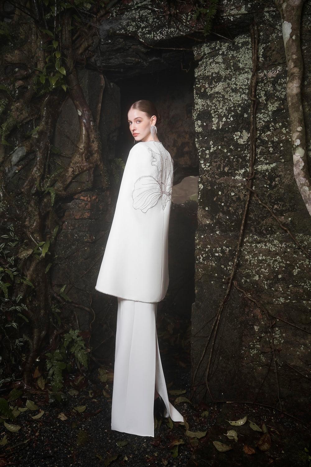 Strapless Mermaid Dress With Orchid Embellished Curved Hemline Cape Set