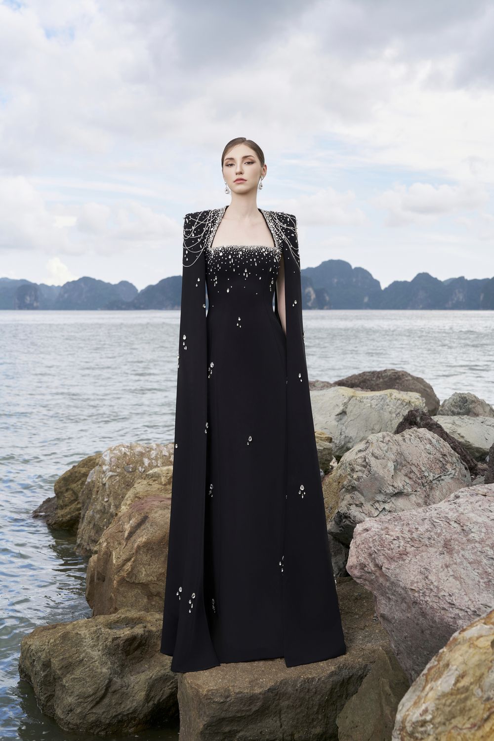 Long Cape Sleeves Glow Stone Dress