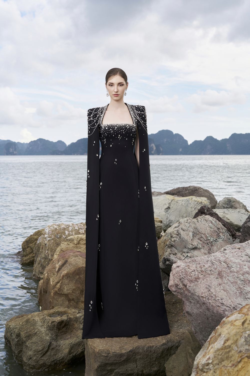 Long Cape Sleeves Glow Stone Dress