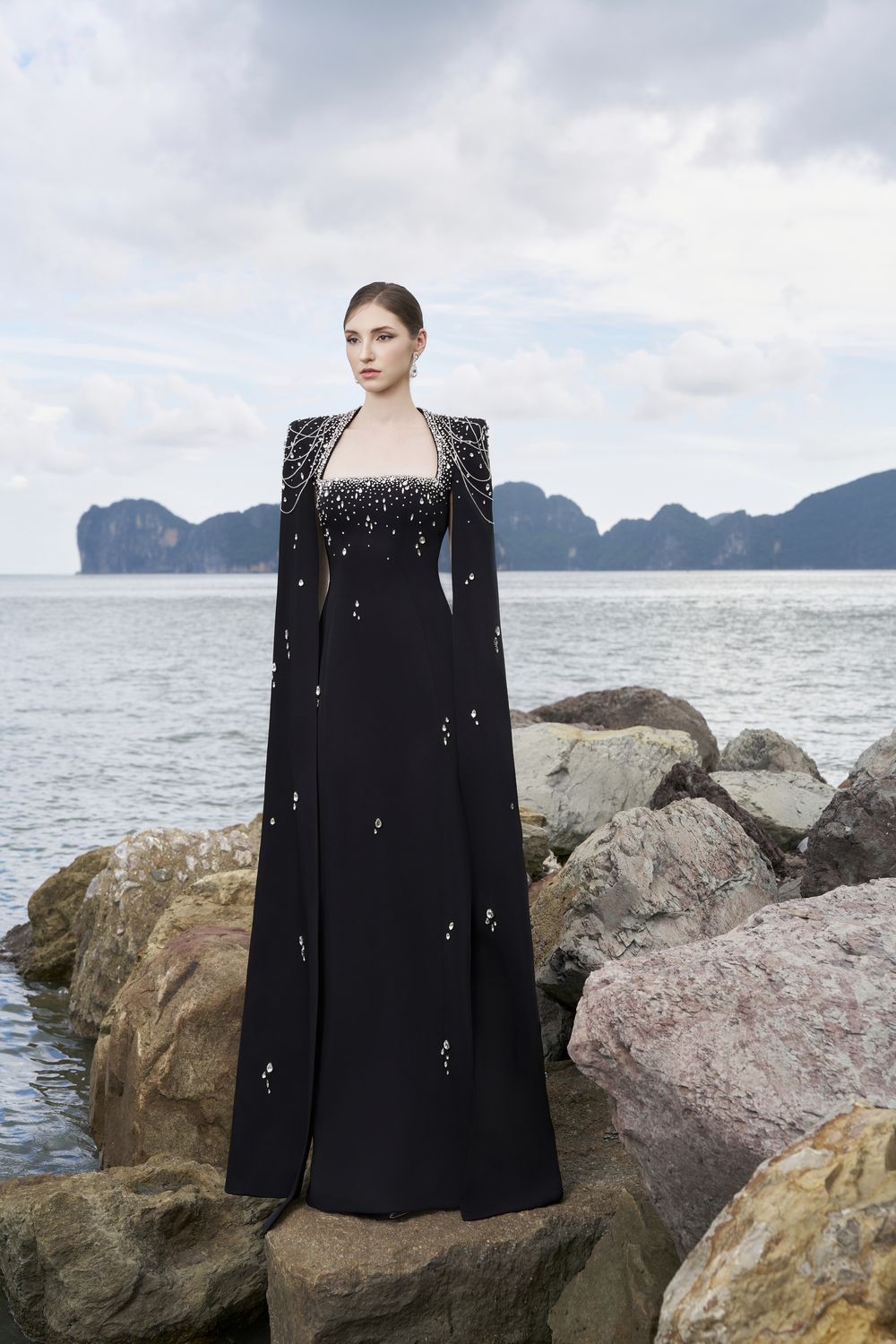 Long Cape Sleeves Glow Stone Dress