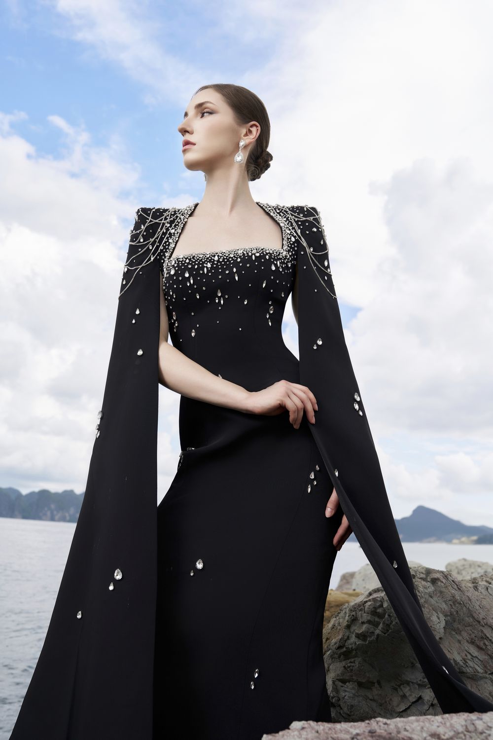 Long Cape Sleeves Glow Stone Dress