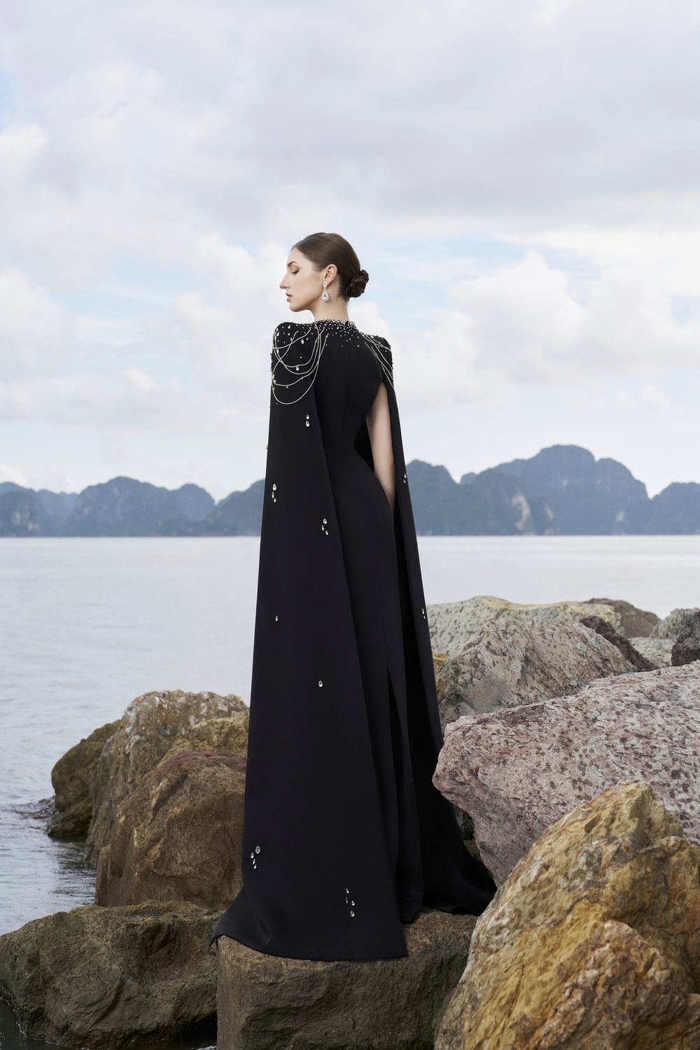 Long Cape Sleeves Glow Stone Dress