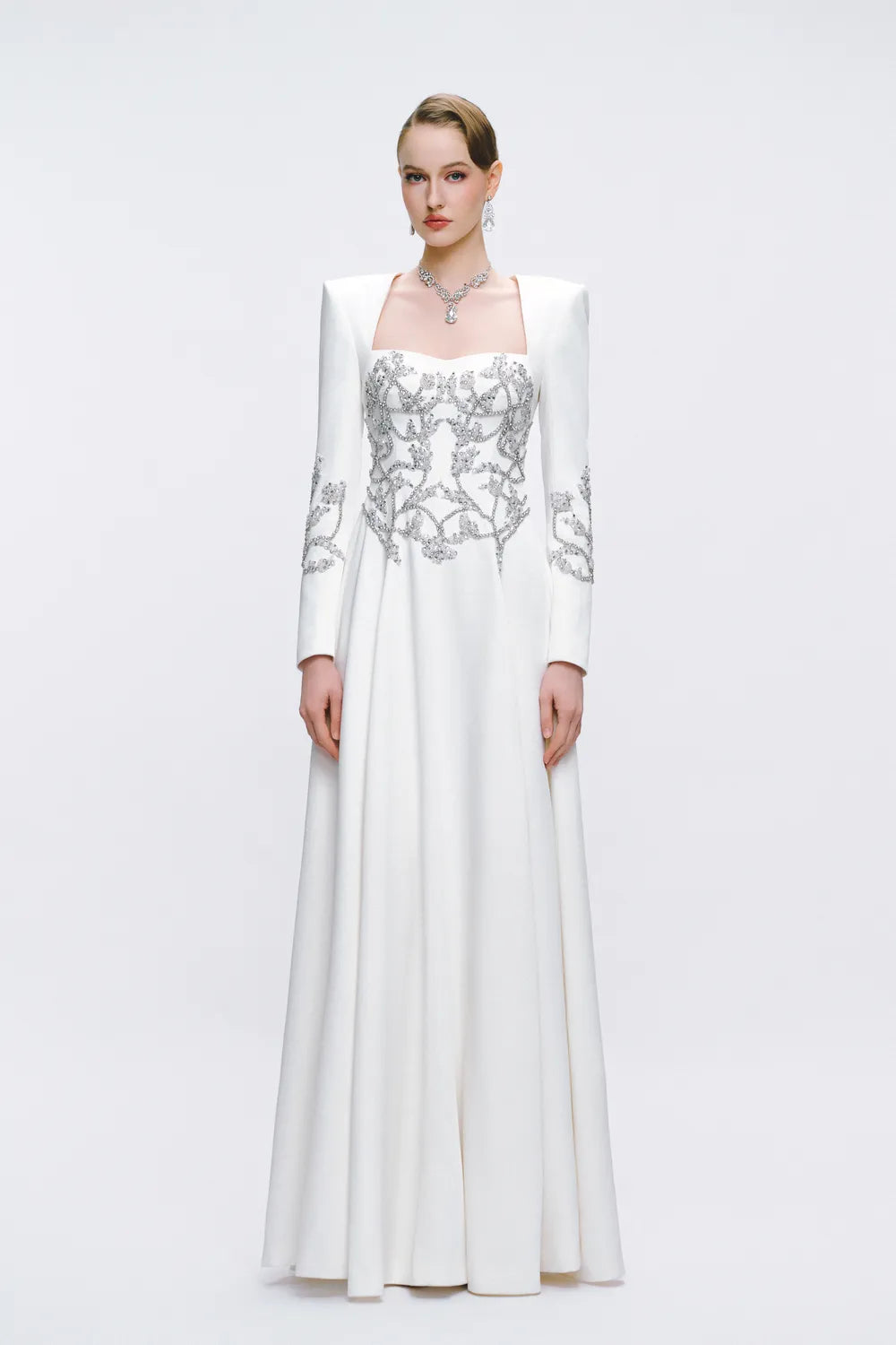 Symmetrical Crystal Embellished Draped A-Line Dress
