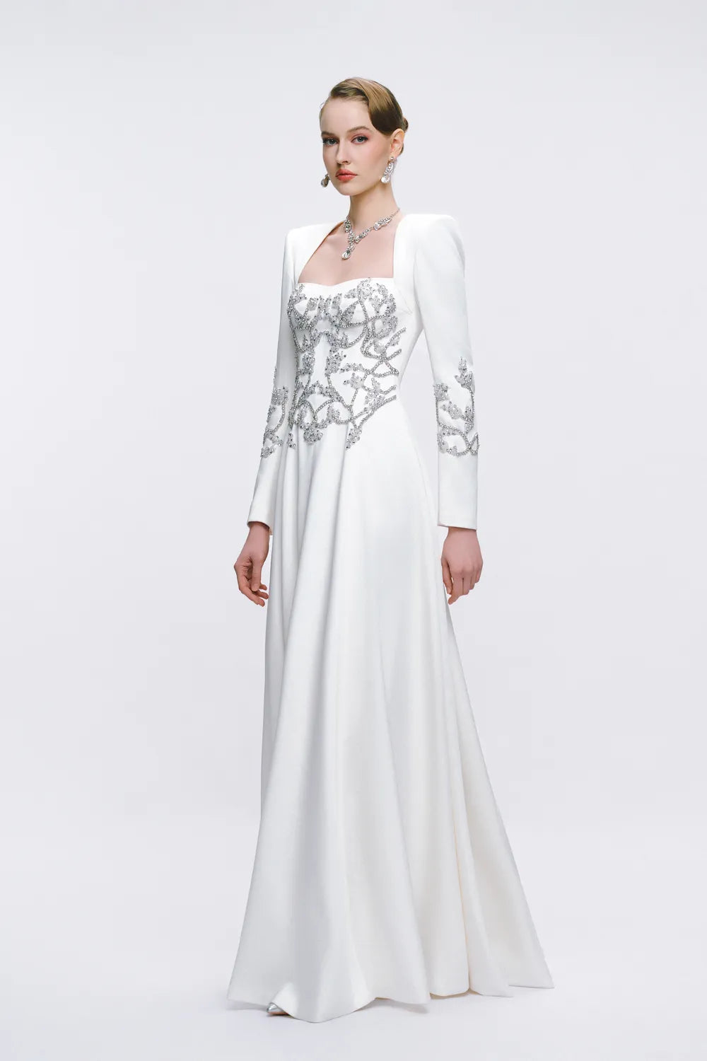 Symmetrical Crystal Embellished Draped A-Line Dress