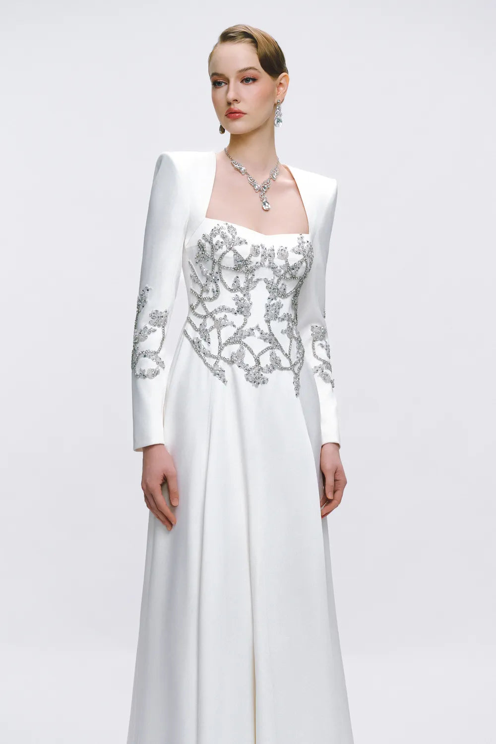 Symmetrical Crystal Embellished Draped A-Line Dress